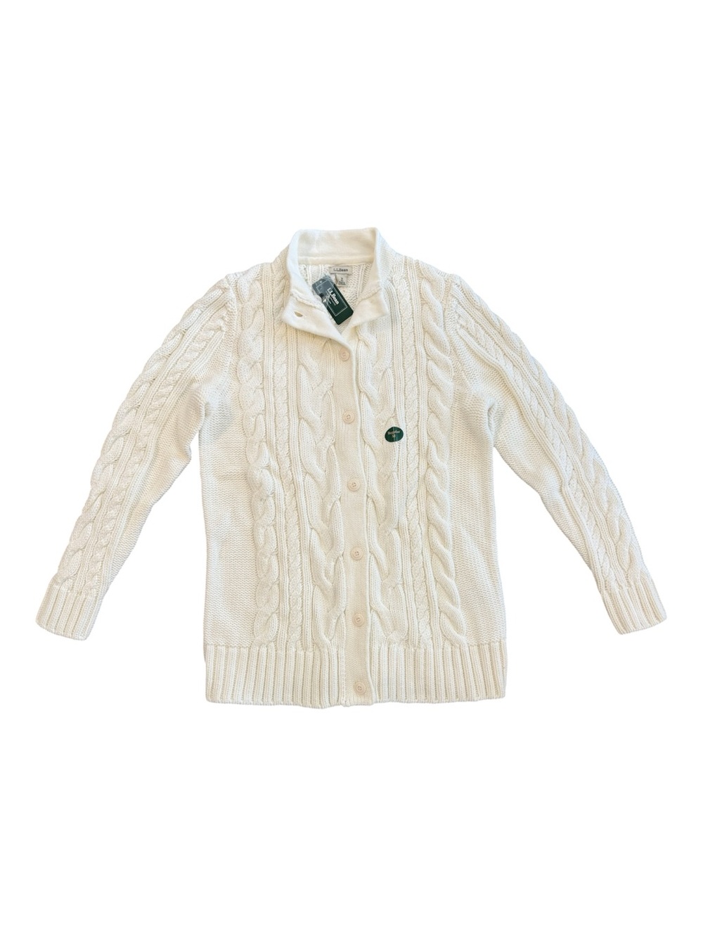 L.L. Bean Women's Double L Cable Sweater Button-Front Cardigan Cream White NEW